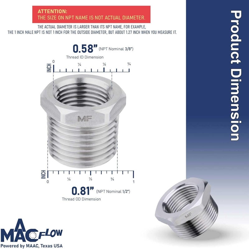 MAACFLOW Stainless Steel 1/2" Male NPT to 3/8" Female NPT Adapter Reducer Hex Bushing (Thread OD 0.81" - ID 0.58") (Pack of 1) - Image 2